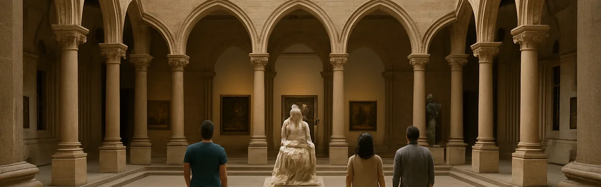 Visitors explore a heritage-style museum courtyard with glimpses of art and sculpture.