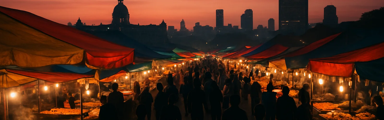A festive Mumbai street market glows at dusk during Eid, with the city skyline in the distance.