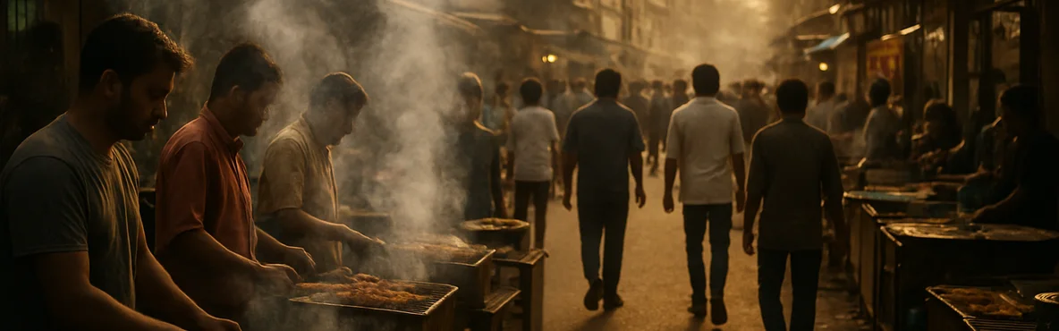 A lively Mumbai food lane fills with evening crowds and smoky kebab grills.