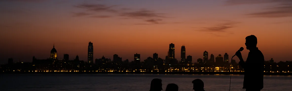 Distant silhouettes enjoy karaoke against Mumbai’s twilight skyline.