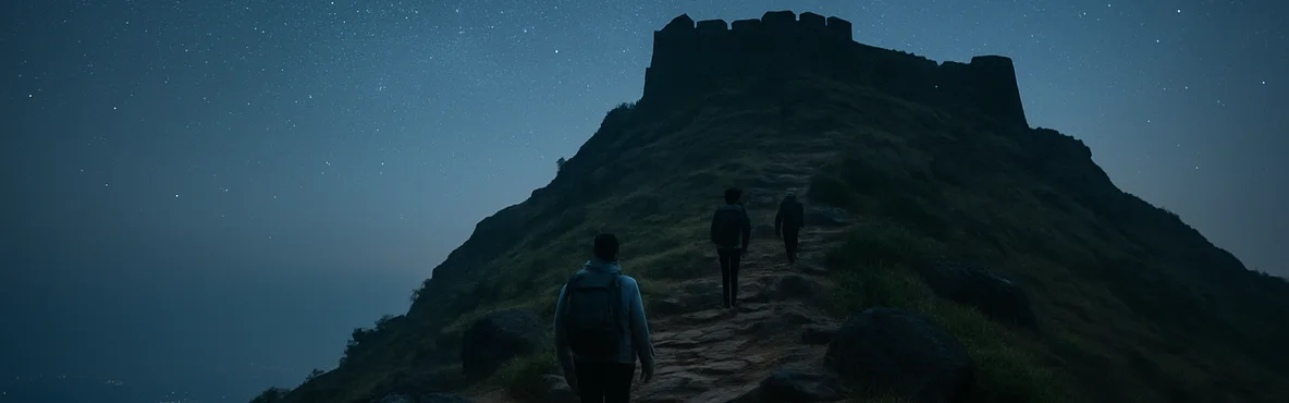 Hikers climb a hill-fort trail beneath a starry sky before dawn.